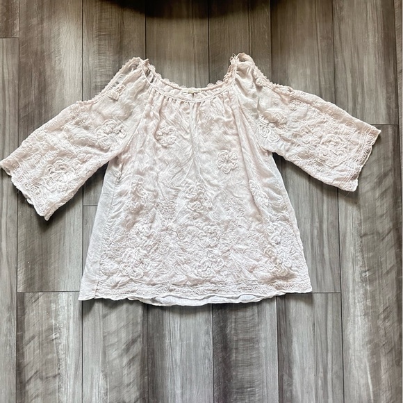 belle france Tops - Belle France Silk Sequin Embroidered Cold Shoulder Blouse Pink S